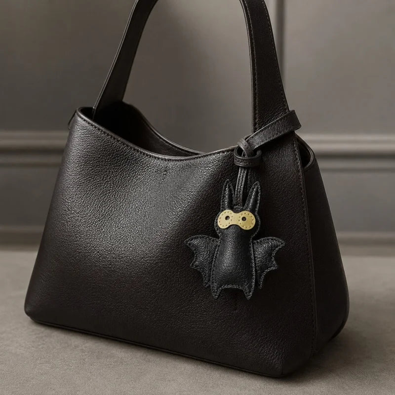 Handcrafted Black Leather Bat Charm – Playful Halloween-Inspired Keychain and Bag Accessory