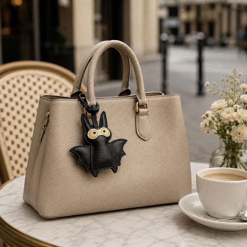 Handcrafted Black Leather Bat Charm – Playful Halloween-Inspired Keychain and Bag Accessory