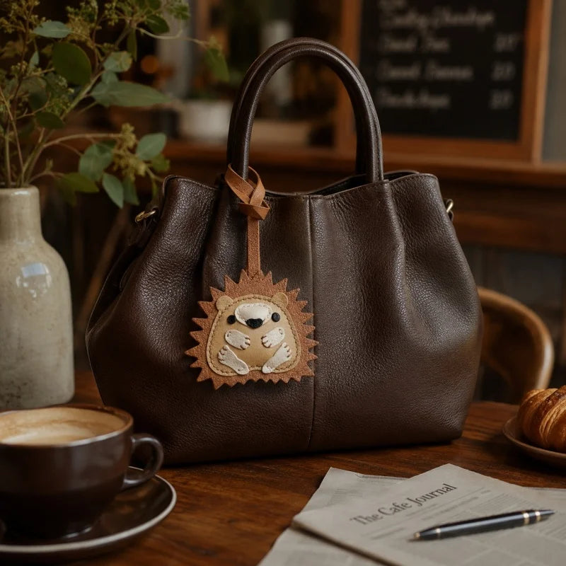 Curled-up Hedgehog Leather Bag Charm – Handcrafted Full-Grain Goatskin Keychain, Unique Gift for Women