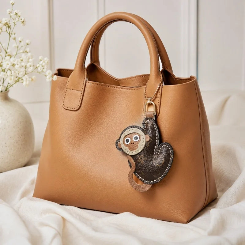Vintage-Inspired Monkey Leather Keychain – Handcrafted Full-Grain Leather Bag Charm | Retro Aesthetic Car Key Holder | Unique Gift for Women