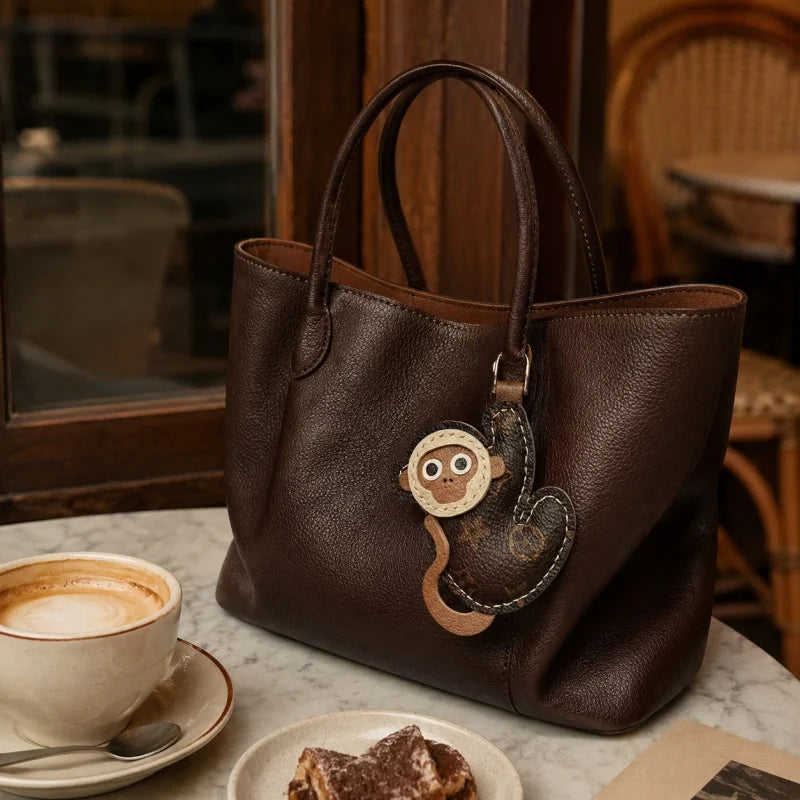 Vintage-Inspired Monkey Leather Keychain – Handcrafted Full-Grain Leather Bag Charm | Retro Aesthetic Car Key Holder | Unique Gift for Women