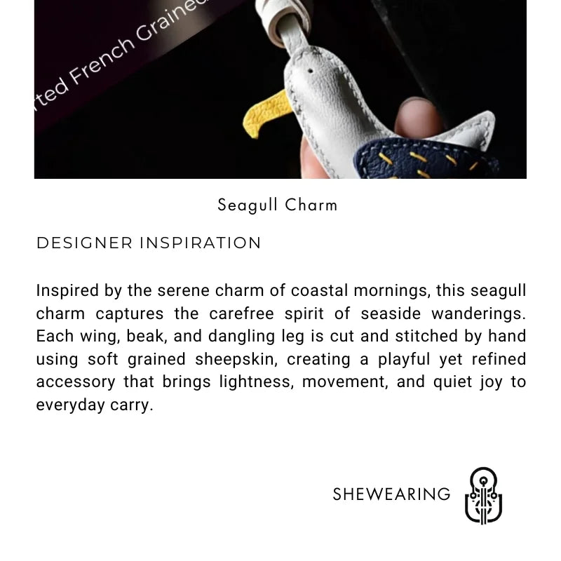 Handcrafted Seagull Leather Bag Charm – Original Artistic Design in Grained Sheepskin | Cute Coastal-Inspired Pendant for Handbags & Car Keys | Unique Gift for Women