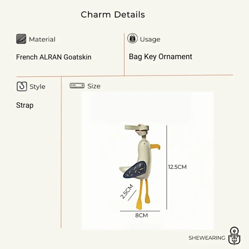 Handcrafted Seagull Leather Bag Charm – Original Artistic Design in Grained Sheepskin | Cute Coastal-Inspired Pendant for Handbags & Car Keys | Unique Gift for Women