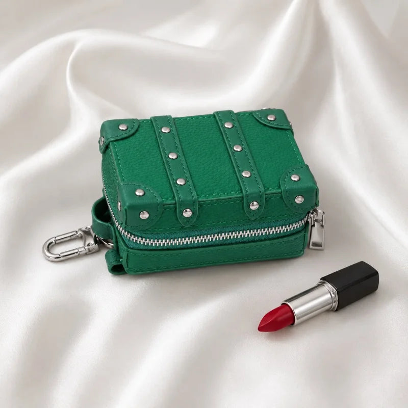 Mini Suitcase Leather Bag Charm – Full-Grain Cowhide Lipstick Pouch | Travel Trunk Keychain Handbag Accessory | Gift for Her