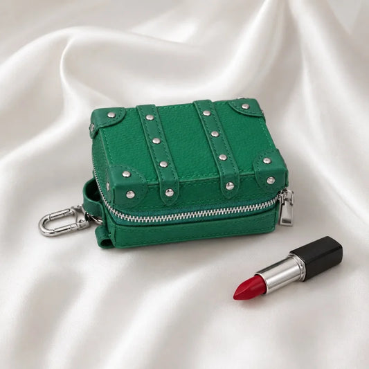 Mini Suitcase Leather Bag Charm – Full-Grain Cowhide Lipstick Pouch | Travel Trunk Keychain Handbag Accessory | Gift for Her
