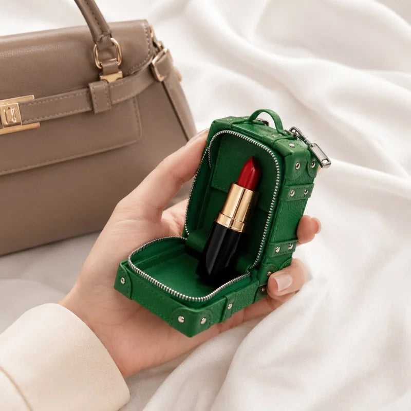 Mini Suitcase Leather Bag Charm – Full-Grain Cowhide Lipstick Pouch | Travel Trunk Keychain Handbag Accessory | Gift for Her