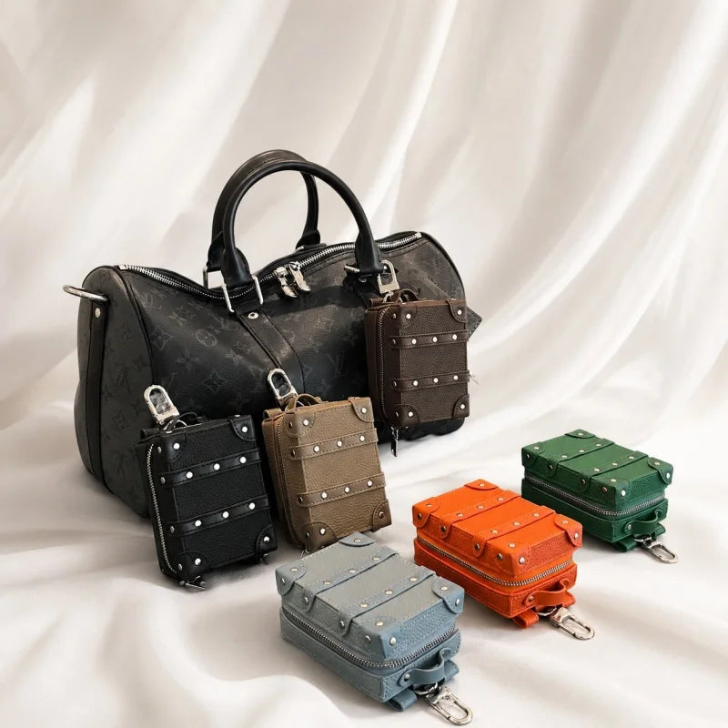 Mini Suitcase Leather Bag Charm – Full-Grain Cowhide Lipstick Pouch | Travel Trunk Keychain Handbag Accessory | Gift for Her
