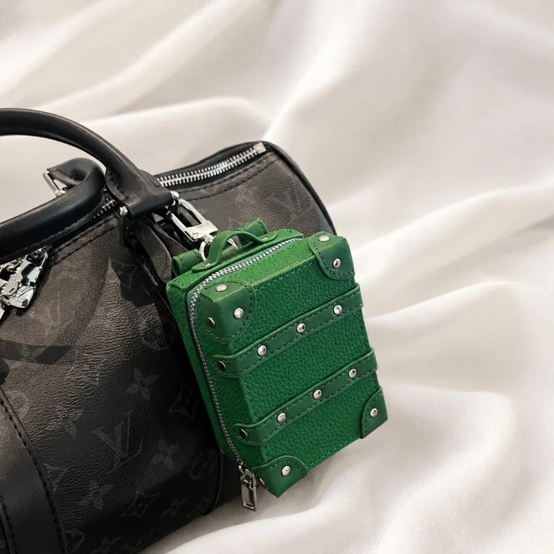 Mini Suitcase Leather Bag Charm – Full-Grain Cowhide Lipstick Pouch | Travel Trunk Keychain Handbag Accessory | Gift for Her