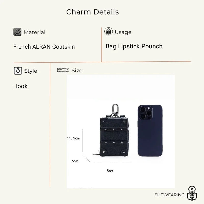 Mini Suitcase Leather Bag Charm – Full-Grain Cowhide Lipstick Pouch | Travel Trunk Keychain Handbag Accessory | Gift for Her