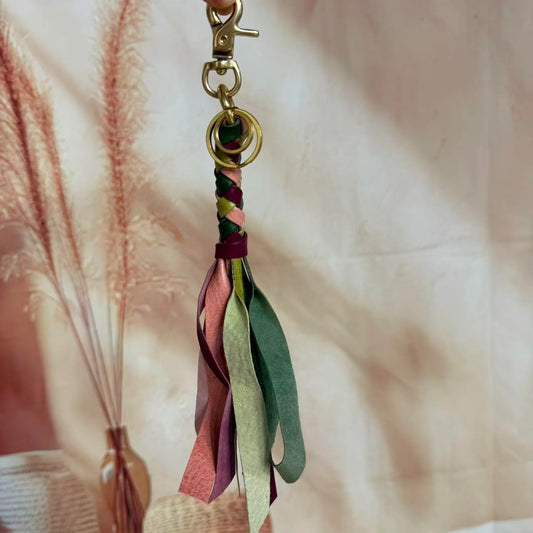 Handcrafted Braided Colorblock Leather Tassel Bag Charm – Full-Grain Cowhide Fringe Pendant with Brass Clasp | Elegant Handbag Accessory | Unique Gift for Her