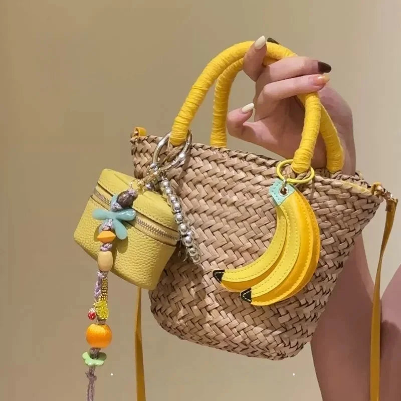 Banana Bunch Leather Bag Charm – Handmade Yellow Fruit Pendant | Fun & Creative Keychain for Handbags | Whimsical Leather Accessory Gift for Her