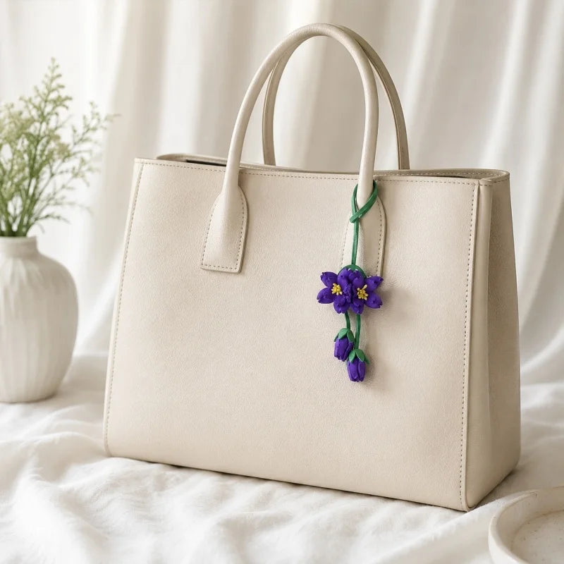 Purple Blossom Leather Bag Charm – Handmade Full-Grain Leather Flower Pendant | Unique Handcrafted Sakura-Inspired Accessory | Elegant Handbag Decoration Gift