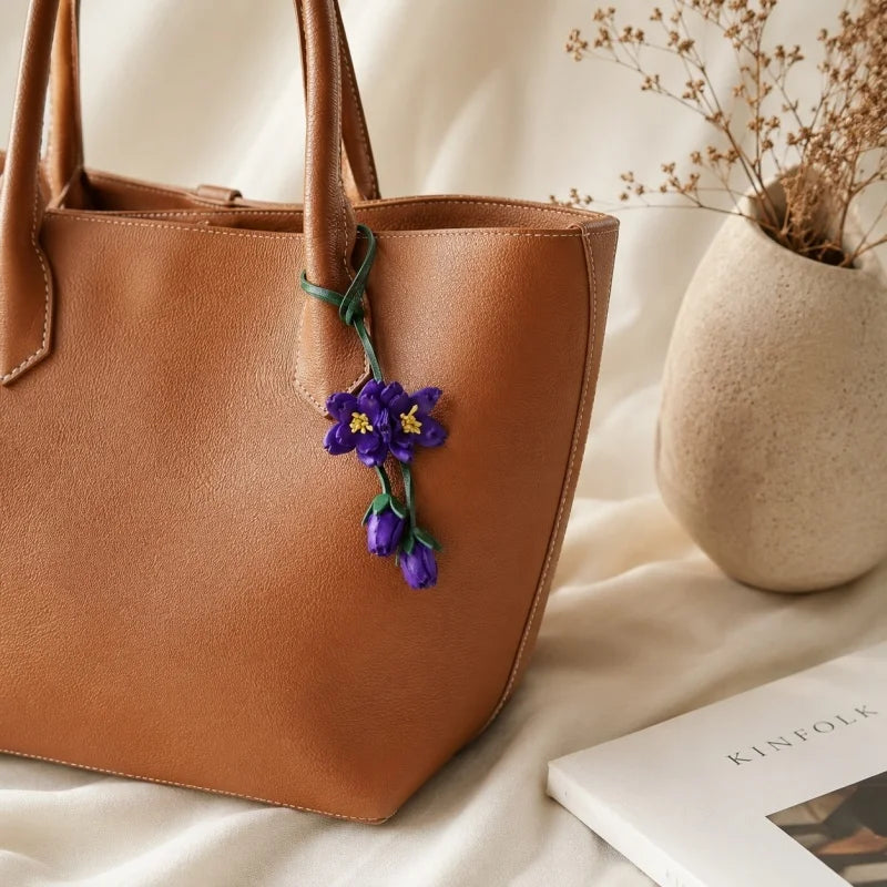 Purple Blossom Leather Bag Charm – Handmade Full-Grain Leather Flower Pendant | Unique Handcrafted Sakura-Inspired Accessory | Elegant Handbag Decoration Gift