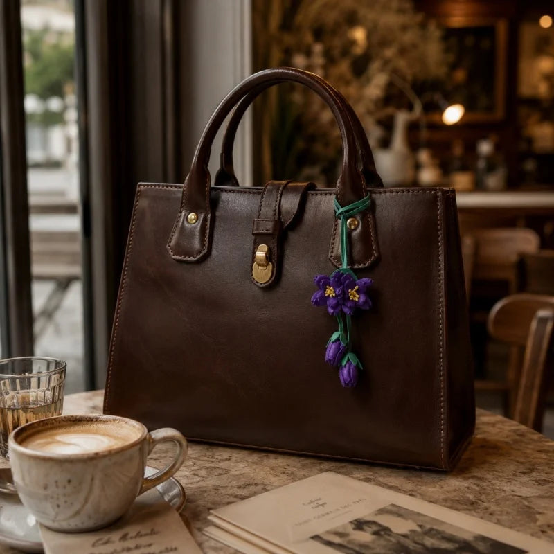 Purple Blossom Leather Bag Charm – Handmade Full-Grain Leather Flower Pendant | Unique Handcrafted Sakura-Inspired Accessory | Elegant Handbag Decoration Gift