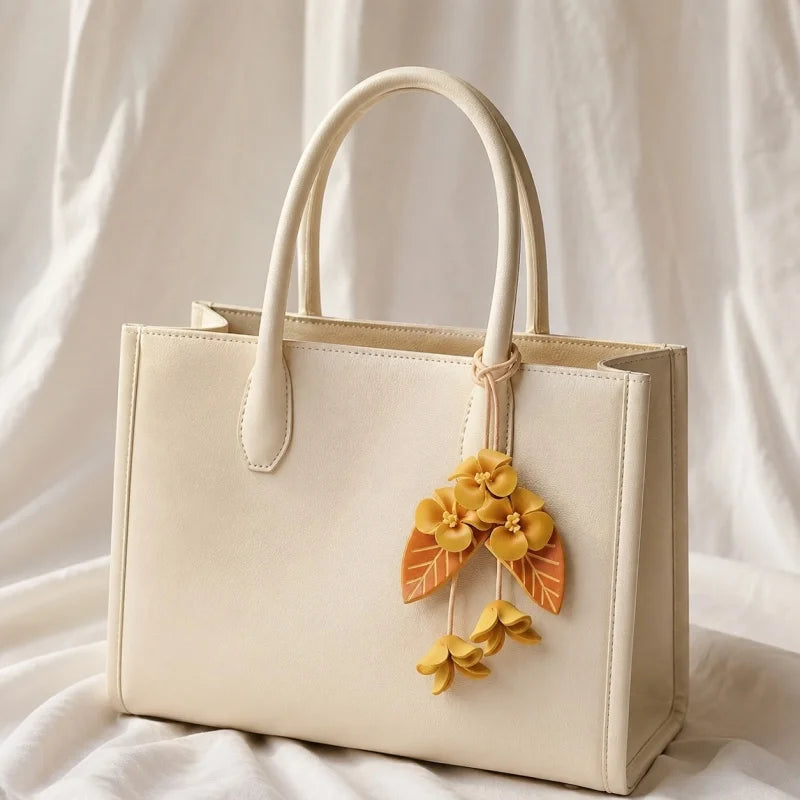 Golden Osmanthus Leather Bag Charm – Handmade Full-Grain Cowhide Floral Pendant | Autumn-Inspired Keychain | Unique Gift Accessory for Women