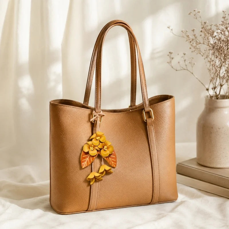 Golden Osmanthus Leather Bag Charm – Handmade Full-Grain Cowhide Floral Pendant | Autumn-Inspired Keychain | Unique Gift Accessory for Women
