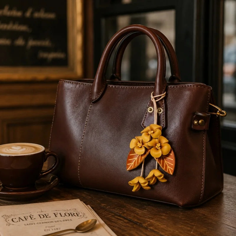 Golden Osmanthus Leather Bag Charm – Handmade Full-Grain Cowhide Floral Pendant | Autumn-Inspired Keychain | Unique Gift Accessory for Women