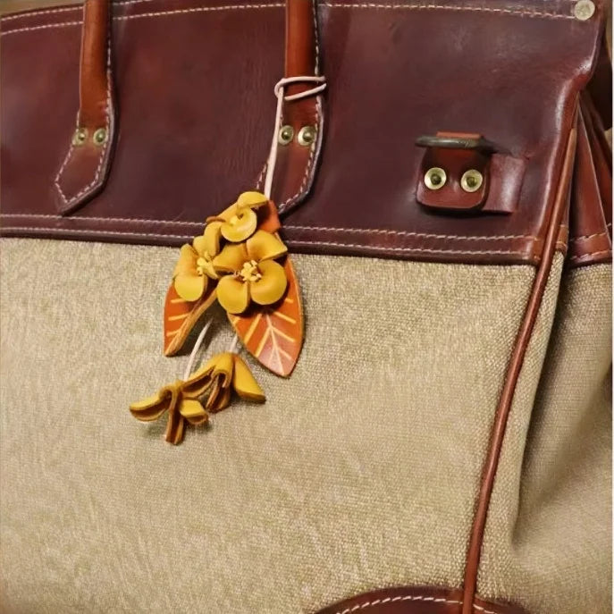 Golden Osmanthus Leather Bag Charm – Handmade Full-Grain Cowhide Floral Pendant | Autumn-Inspired Keychain | Unique Gift Accessory for Women