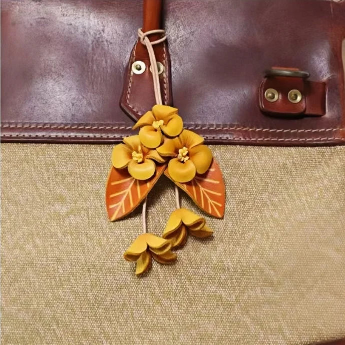 Golden Osmanthus Leather Bag Charm – Handmade Full-Grain Cowhide Floral Pendant | Autumn-Inspired Keychain | Unique Gift Accessory for Women