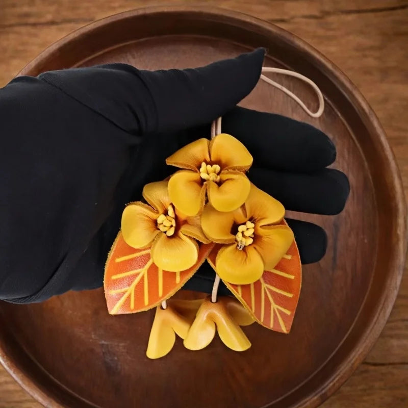 Golden Osmanthus Leather Bag Charm – Handmade Full-Grain Cowhide Floral Pendant | Autumn-Inspired Keychain | Unique Gift Accessory for Women