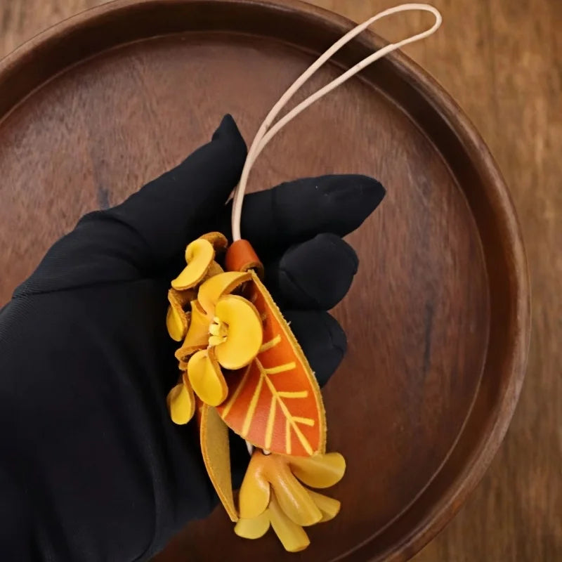 Golden Osmanthus Leather Bag Charm – Handmade Full-Grain Cowhide Floral Pendant | Autumn-Inspired Keychain | Unique Gift Accessory for Women