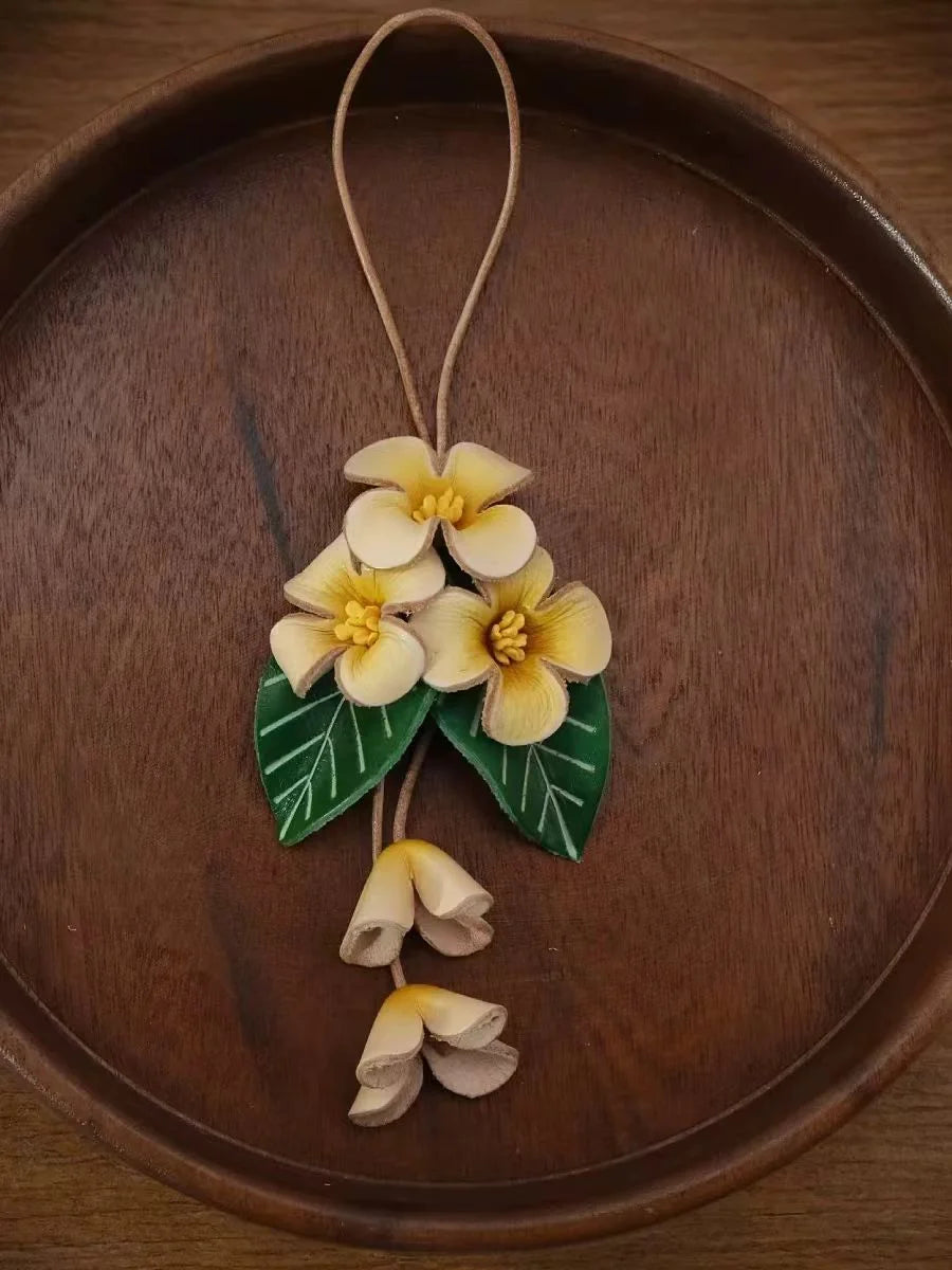 Golden Osmanthus Leather Bag Charm – Handmade Full-Grain Cowhide Floral Pendant | Autumn-Inspired Keychain | Unique Gift Accessory for Women