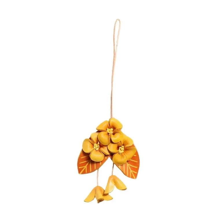 Golden Osmanthus Leather Bag Charm – Handmade Full-Grain Cowhide Floral Pendant | Autumn-Inspired Keychain | Unique Gift Accessory for Women