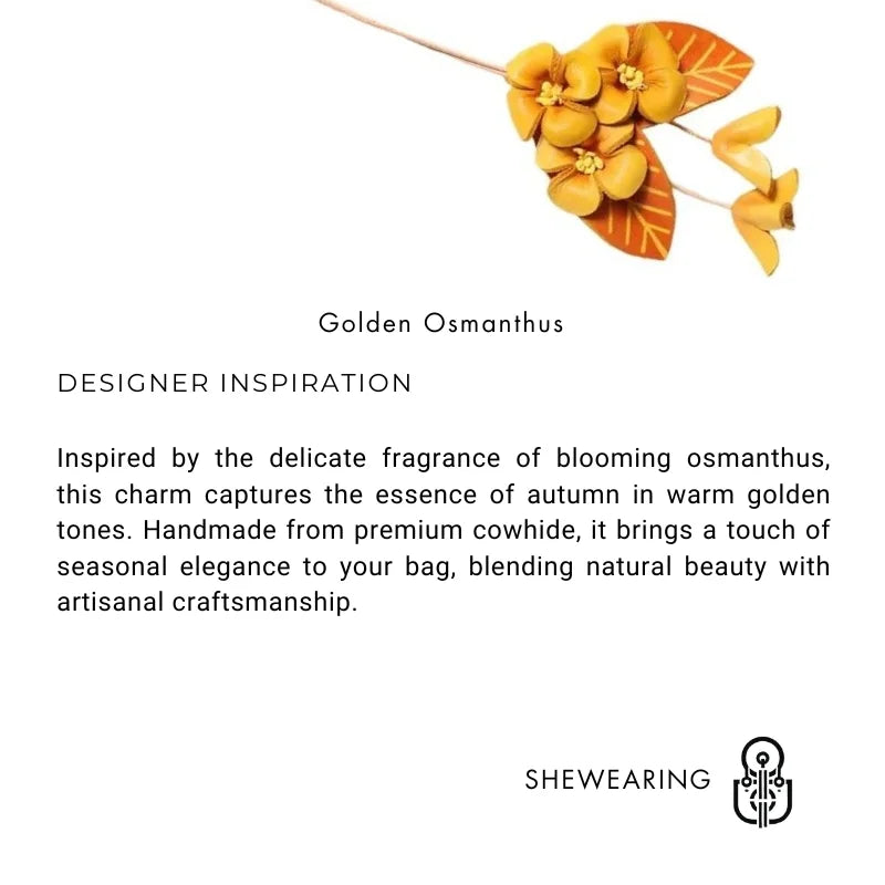 Golden Osmanthus Leather Bag Charm – Handmade Full-Grain Cowhide Floral Pendant | Autumn-Inspired Keychain | Unique Gift Accessory for Women