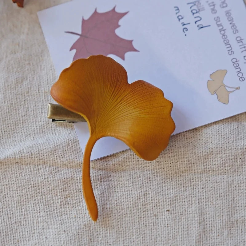 Maple & Ginkgo Leaf Leather Brooch & Hair Clip – Handmade Realistic Autumn Foliage Accessory | Eco-Friendly Forest-Inspired Design | Versatile Pin & Clip