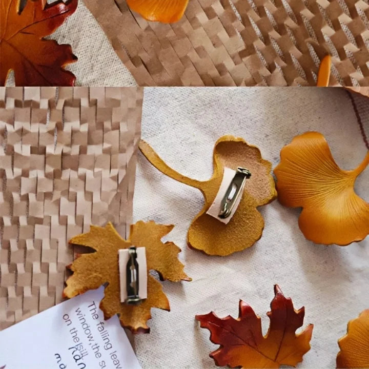 Maple & Ginkgo Leaf Leather Brooch & Hair Clip – Handmade Realistic Autumn Foliage Accessory | Eco-Friendly Forest-Inspired Design | Versatile Pin & Clip