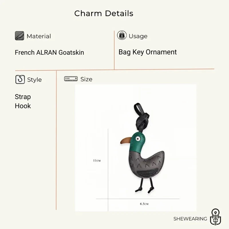 Whimsical Duck Leather Bag Charm – Handmade Full-Grain Goatskin Pendant | Playful Luxury Keychain for Handbags | Quiet Moments Companion