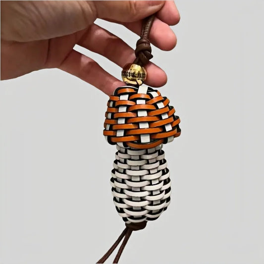 Handwoven Leather Mushroom Bag Charm – Artisan Braided Cowhide Pendant | Creative Boho Keychain | Unique Handmade Gift