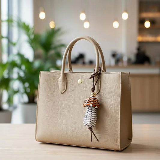 Handwoven Leather Mushroom Bag Charm – Artisan Braided Cowhide Pendant | Creative Boho Keychain | Unique Handmade Gift