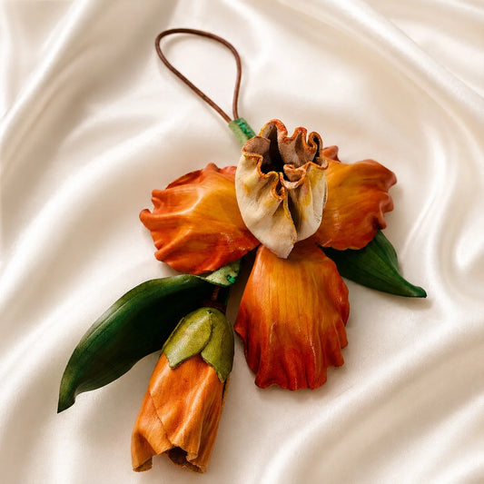 Handcrafted Pumpkin Cheese Iris Leather Bag Charm, Premium Hand-Painted Floral Handbag Accessory, Sculptural Botanical Statement Gift for Women and Flower Lovers