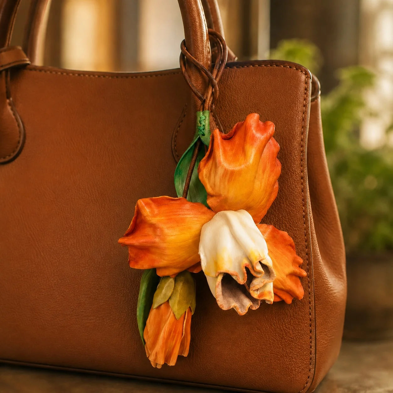 Handcrafted Pumpkin Cheese Iris Leather Bag Charm, Premium Hand-Painted Floral Handbag Accessory, Sculptural Botanical Statement Gift for Women and Flower Lovers