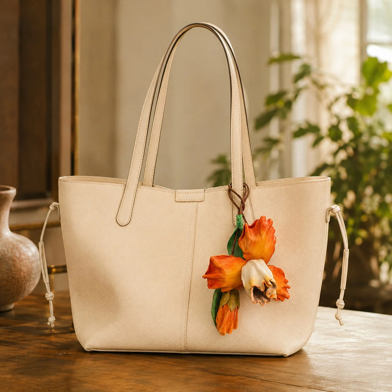 Handcrafted Pumpkin Cheese Iris Leather Bag Charm, Premium Hand-Painted Floral Handbag Accessory, Sculptural Botanical Statement Gift for Women and Flower Lovers