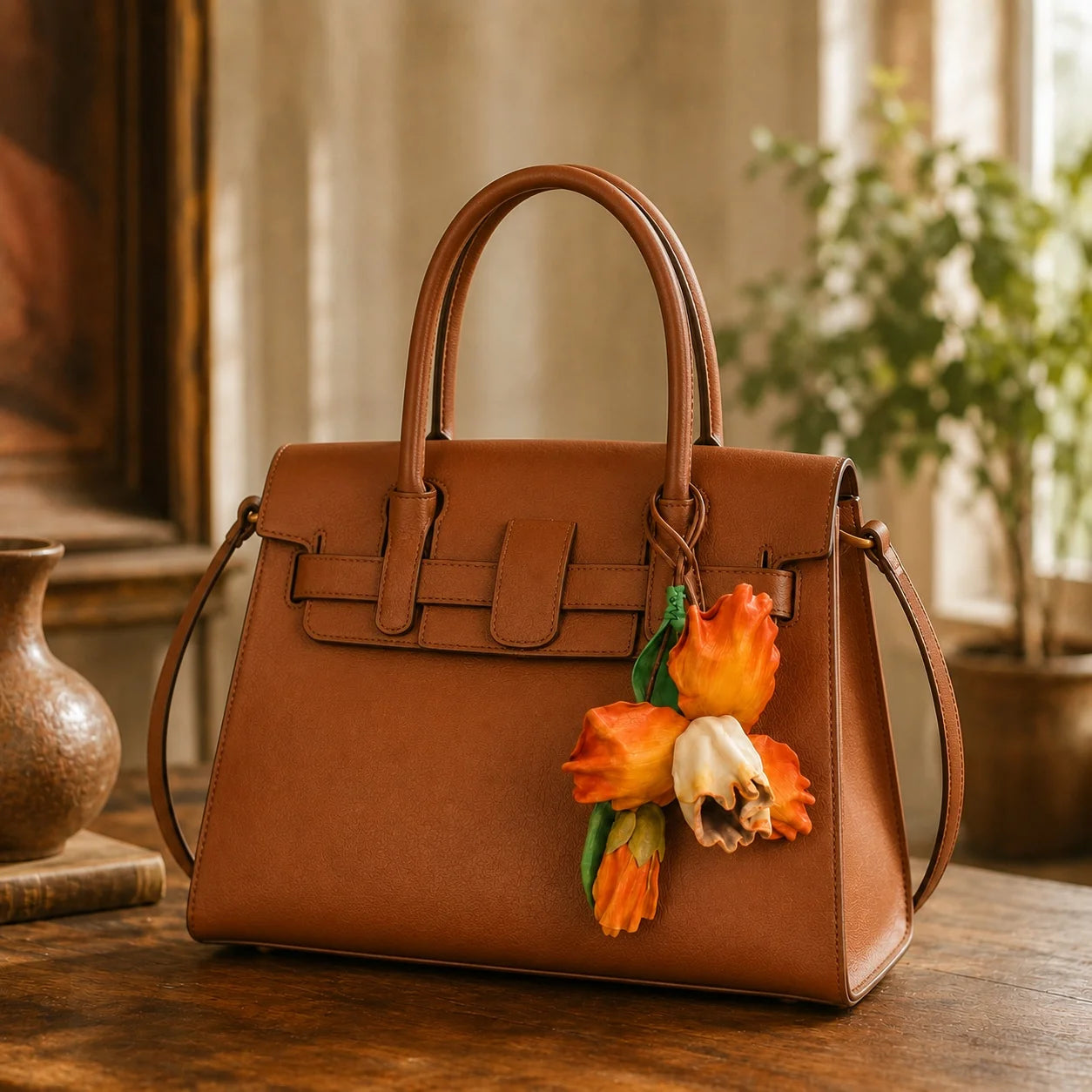Handcrafted Pumpkin Cheese Iris Leather Bag Charm, Premium Hand-Painted Floral Handbag Accessory, Sculptural Botanical Statement Gift for Women and Flower Lovers