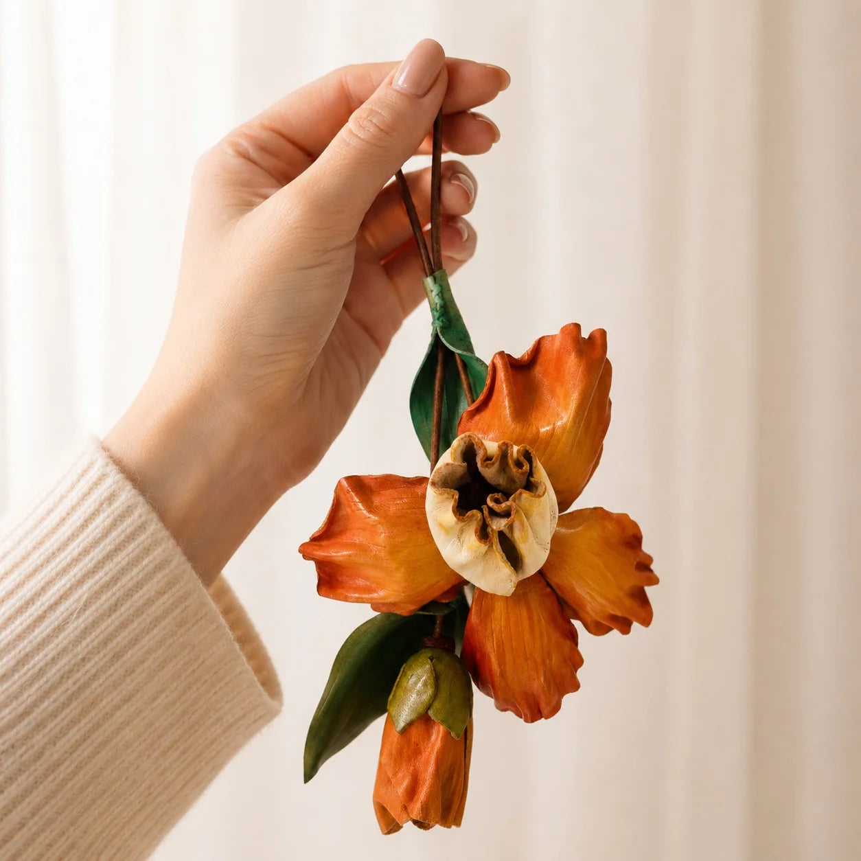 Handcrafted Pumpkin Cheese Iris Leather Bag Charm, Premium Hand-Painted Floral Handbag Accessory, Sculptural Botanical Statement Gift for Women and Flower Lovers