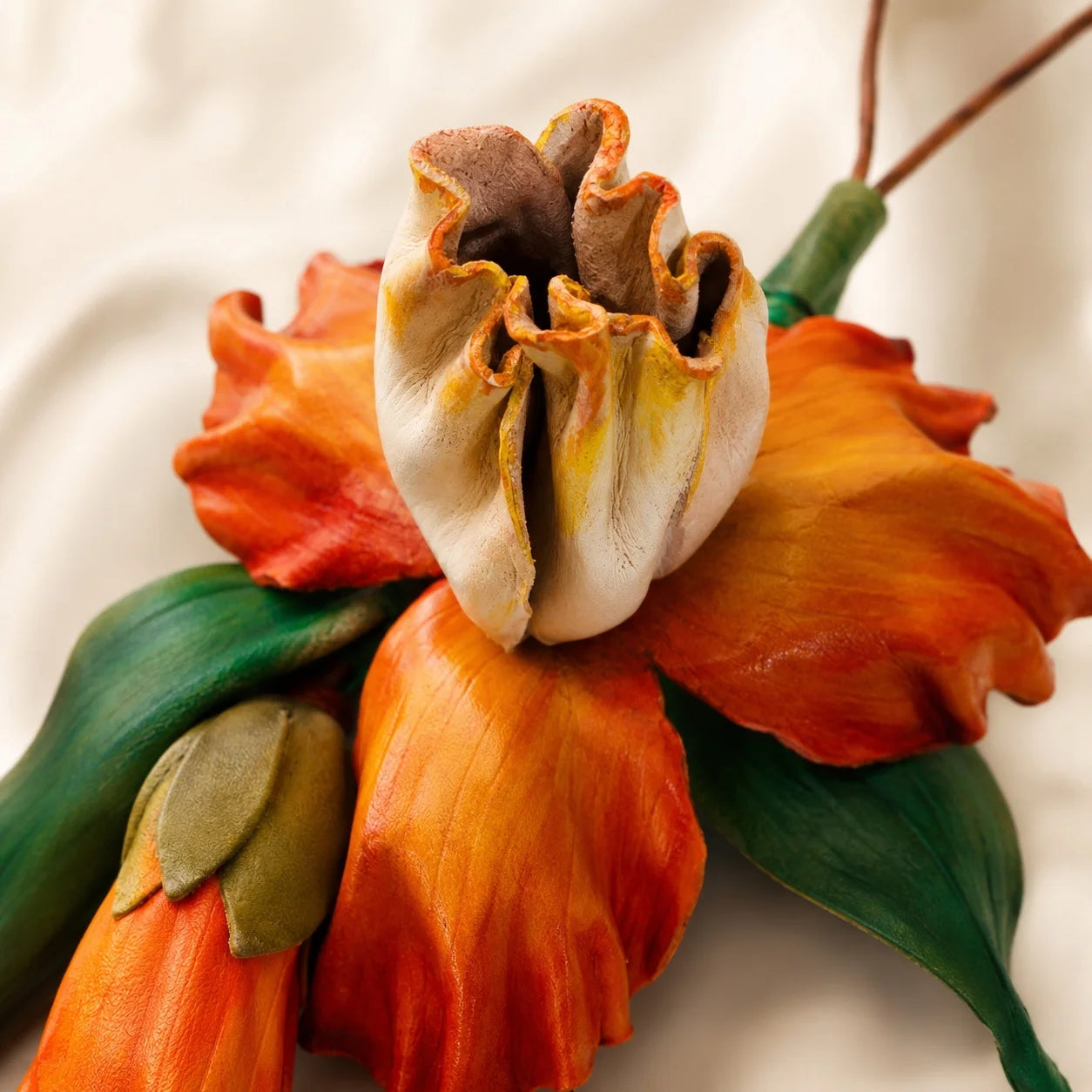 Handcrafted Pumpkin Cheese Iris Leather Bag Charm, Premium Hand-Painted Floral Handbag Accessory, Sculptural Botanical Statement Gift for Women and Flower Lovers
