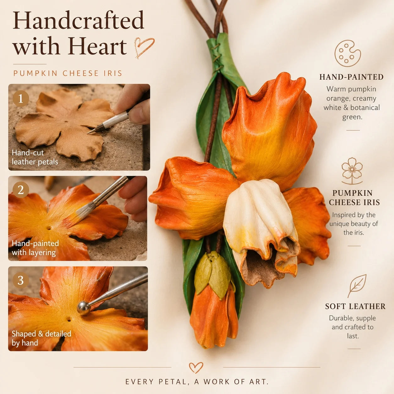 Handcrafted Pumpkin Cheese Iris Leather Bag Charm, Premium Hand-Painted Floral Handbag Accessory, Sculptural Botanical Statement Gift for Women and Flower Lovers