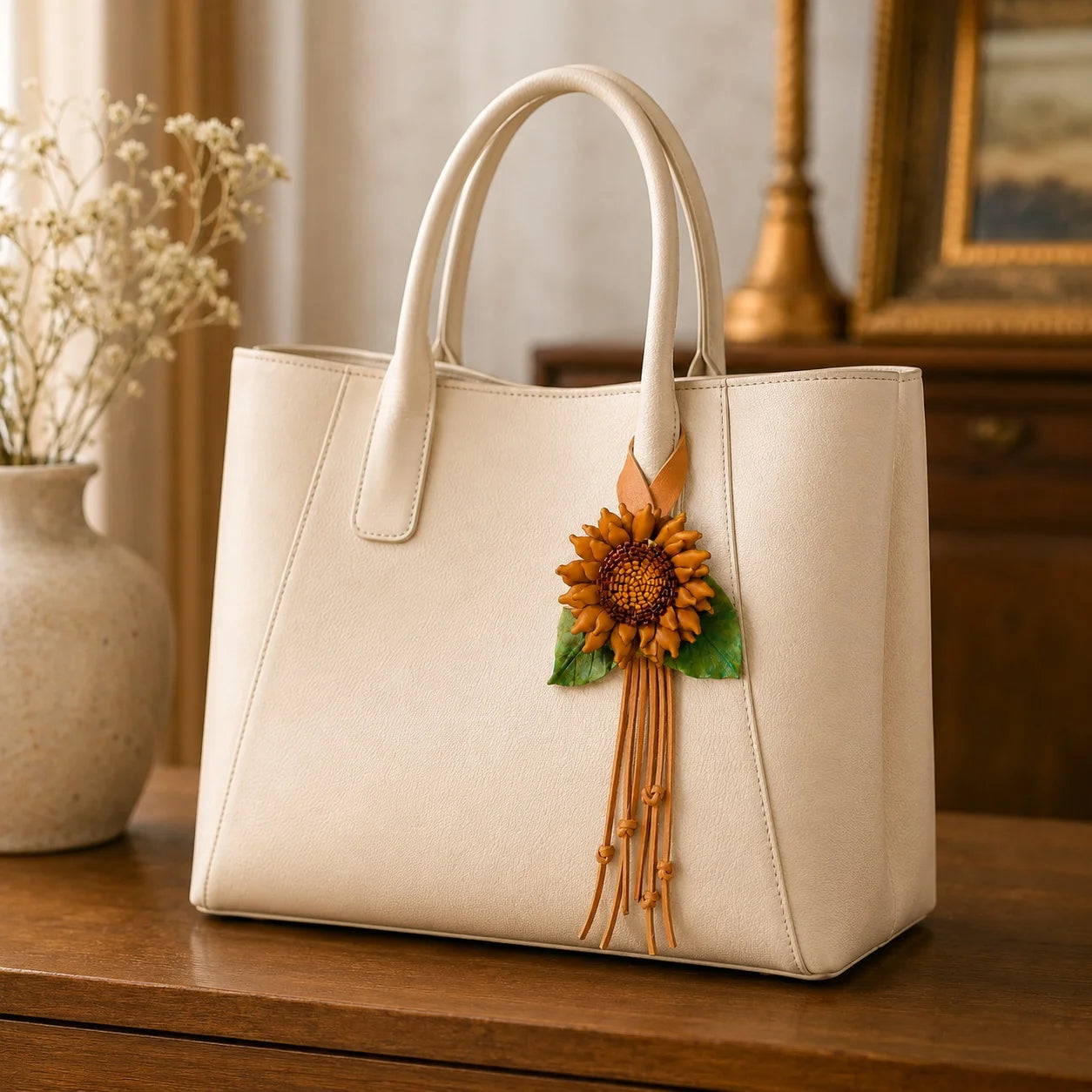 Colgante de cuero hecho a mano con girasol dorado y centro trenzado, correa ancha a presión y borlas largas, accesorio artístico floral para bolso.