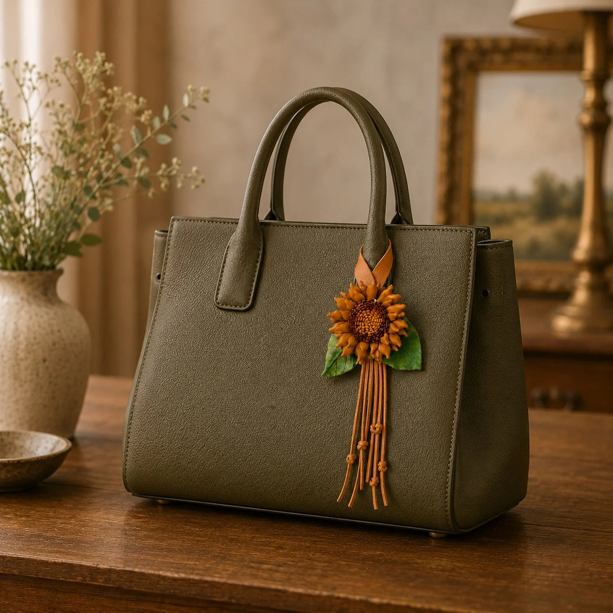 Colgante de cuero hecho a mano con girasol dorado y centro trenzado, correa ancha a presión y borlas largas, accesorio artístico floral para bolso.