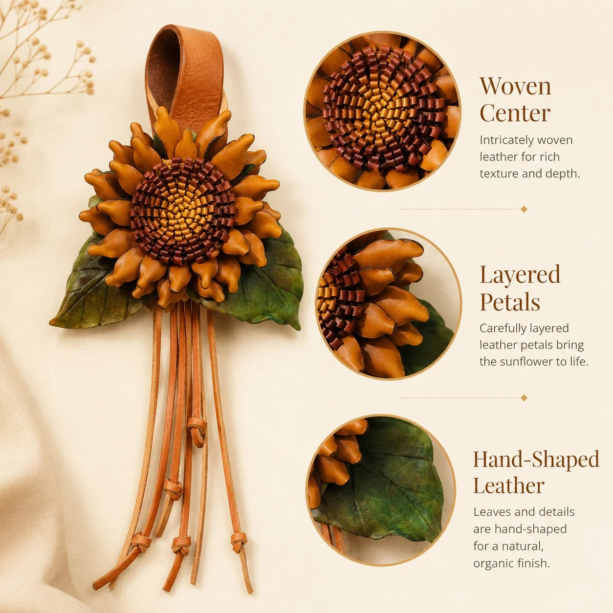 Colgante de cuero hecho a mano con girasol dorado y centro trenzado, correa ancha a presión y borlas largas, accesorio artístico floral para bolso.