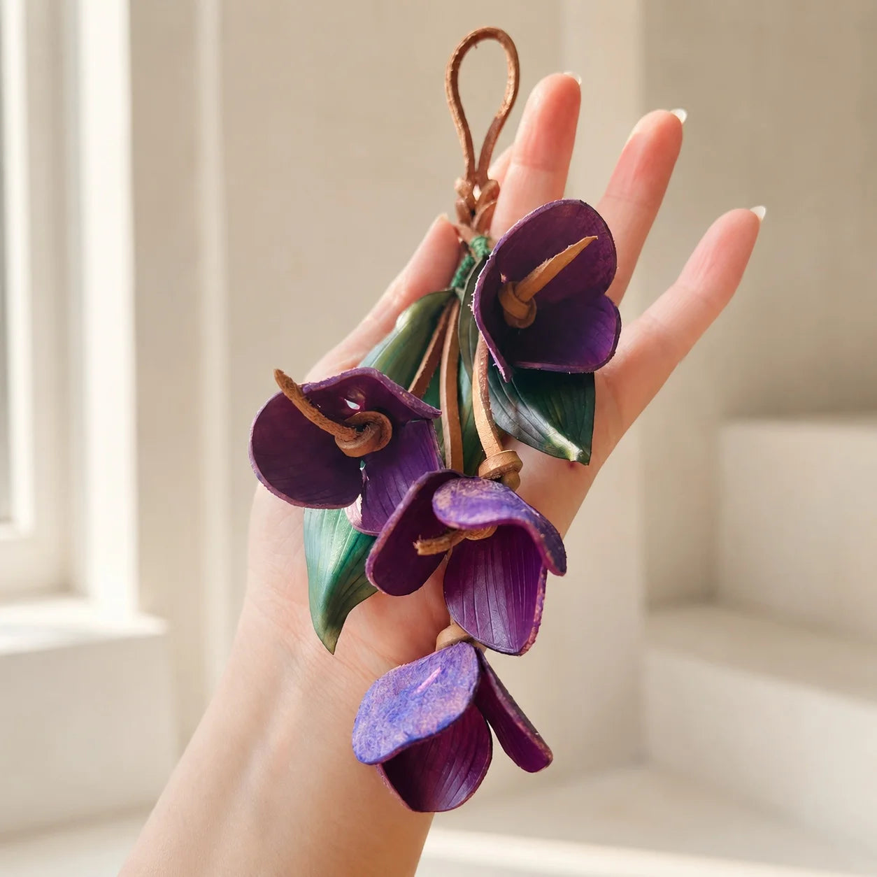 Sculptural Purple Orchid Cascade Leather Bag Charm with Four Handcrafted Blooms, Large Botanical Handbag Accessory