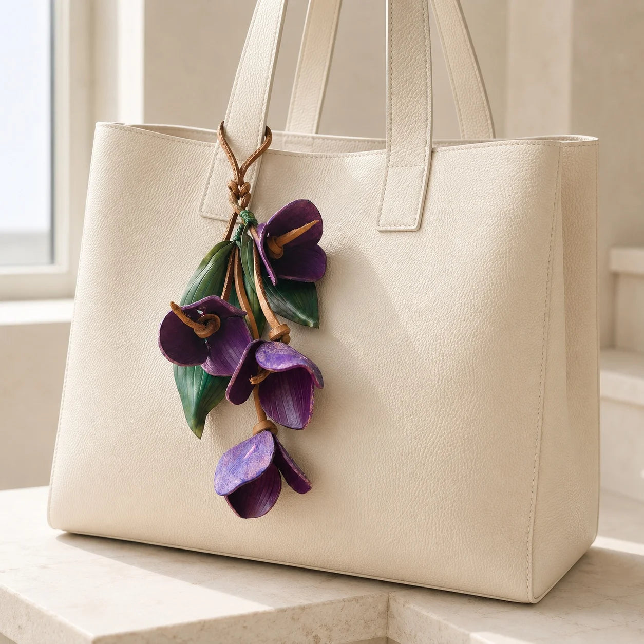 Sculptural Purple Orchid Cascade Leather Bag Charm with Four Handcrafted Blooms, Large Botanical Handbag Accessory