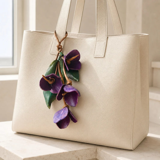 Sculptural Purple Orchid Cascade Leather Bag Charm with Four Handcrafted Blooms, Large Botanical Handbag Accessory