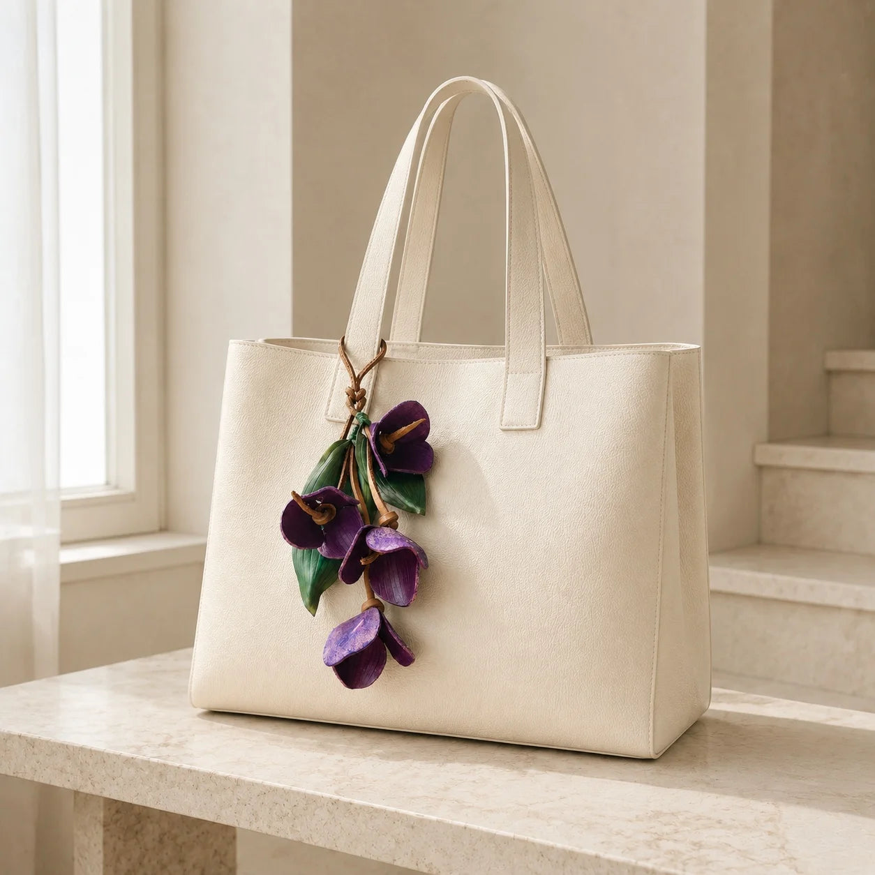 Sculptural Purple Orchid Cascade Leather Bag Charm with Four Handcrafted Blooms, Large Botanical Handbag Accessory