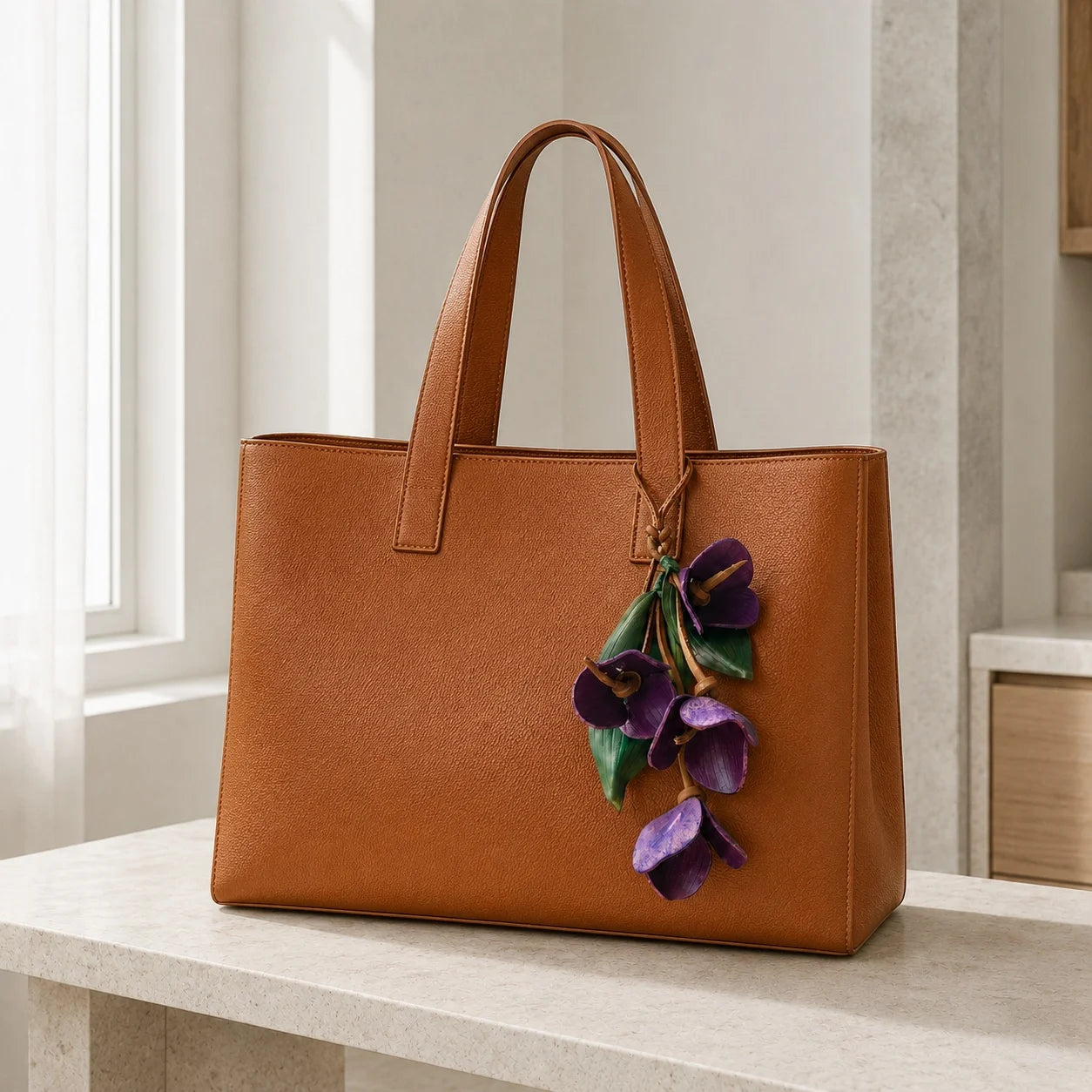 Sculptural Purple Orchid Cascade Leather Bag Charm with Four Handcrafted Blooms, Large Botanical Handbag Accessory