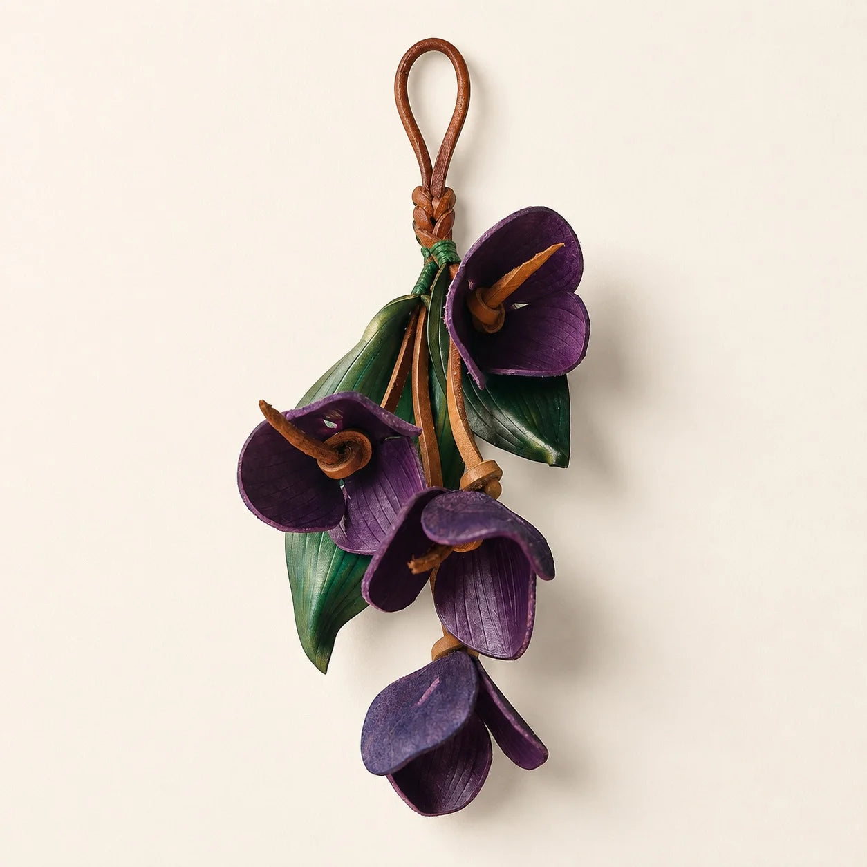 Sculptural Purple Orchid Cascade Leather Bag Charm with Four Handcrafted Blooms, Large Botanical Handbag Accessory