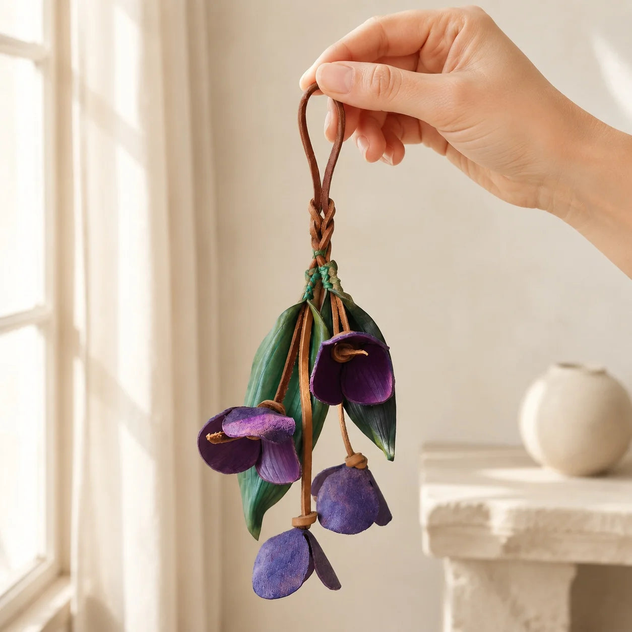 Sculptural Purple Orchid Cascade Leather Bag Charm with Four Handcrafted Blooms, Large Botanical Handbag Accessory